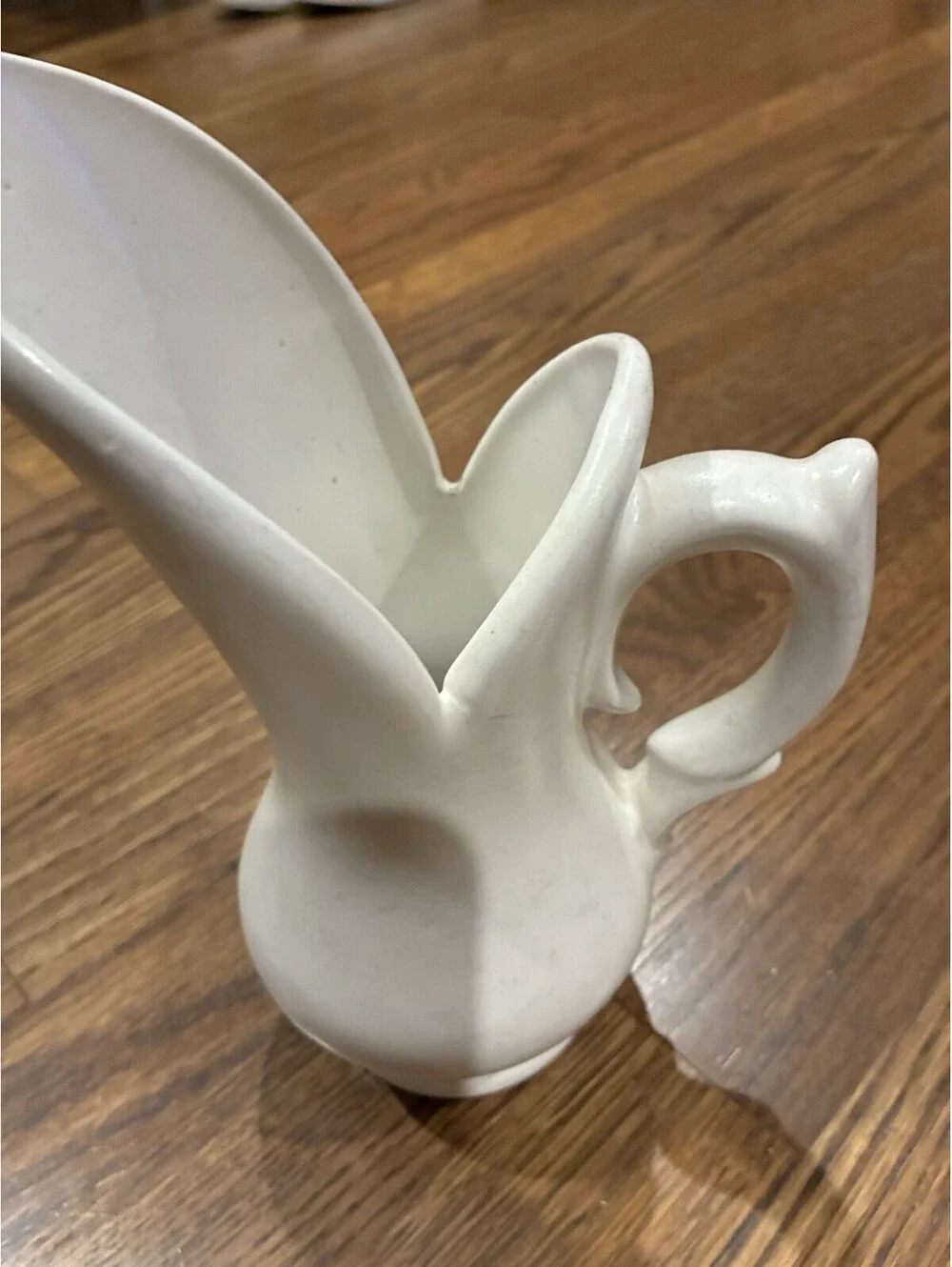 Vintage Ceramic White Sculptural Pitcher Vase | Asymmetrical Ewer / Handle Jug